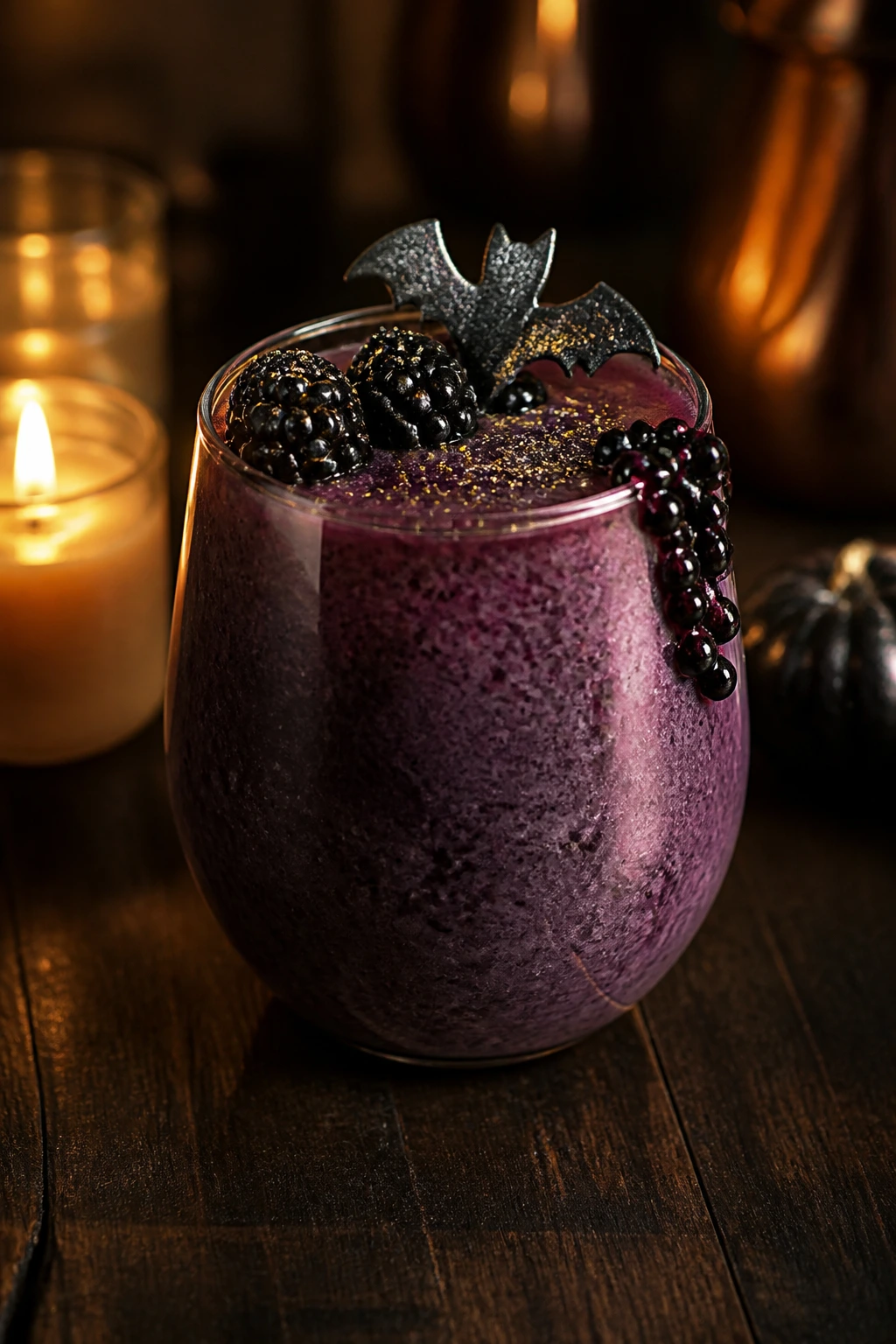 Single dark purple smoothie glass on a wooden table with candlelight mood.