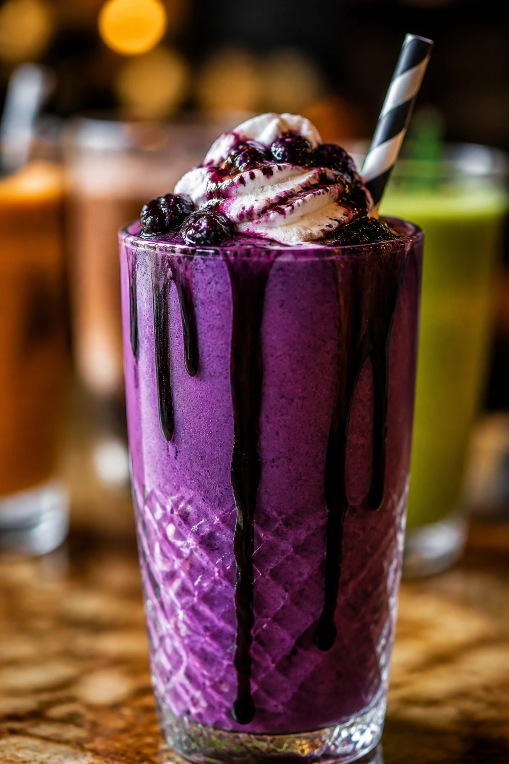 Close-up of a vibrant Halloween smoothie in a tall glass on a warm kitchen counter