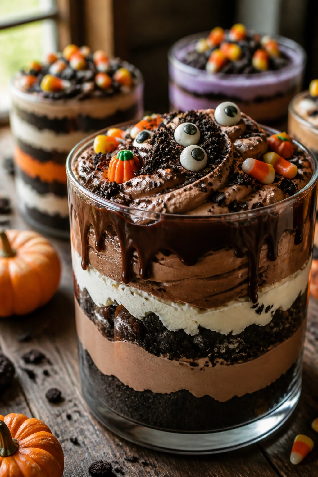 Close-up of a Halloween trifle jar from a collection in a cozy kitchen