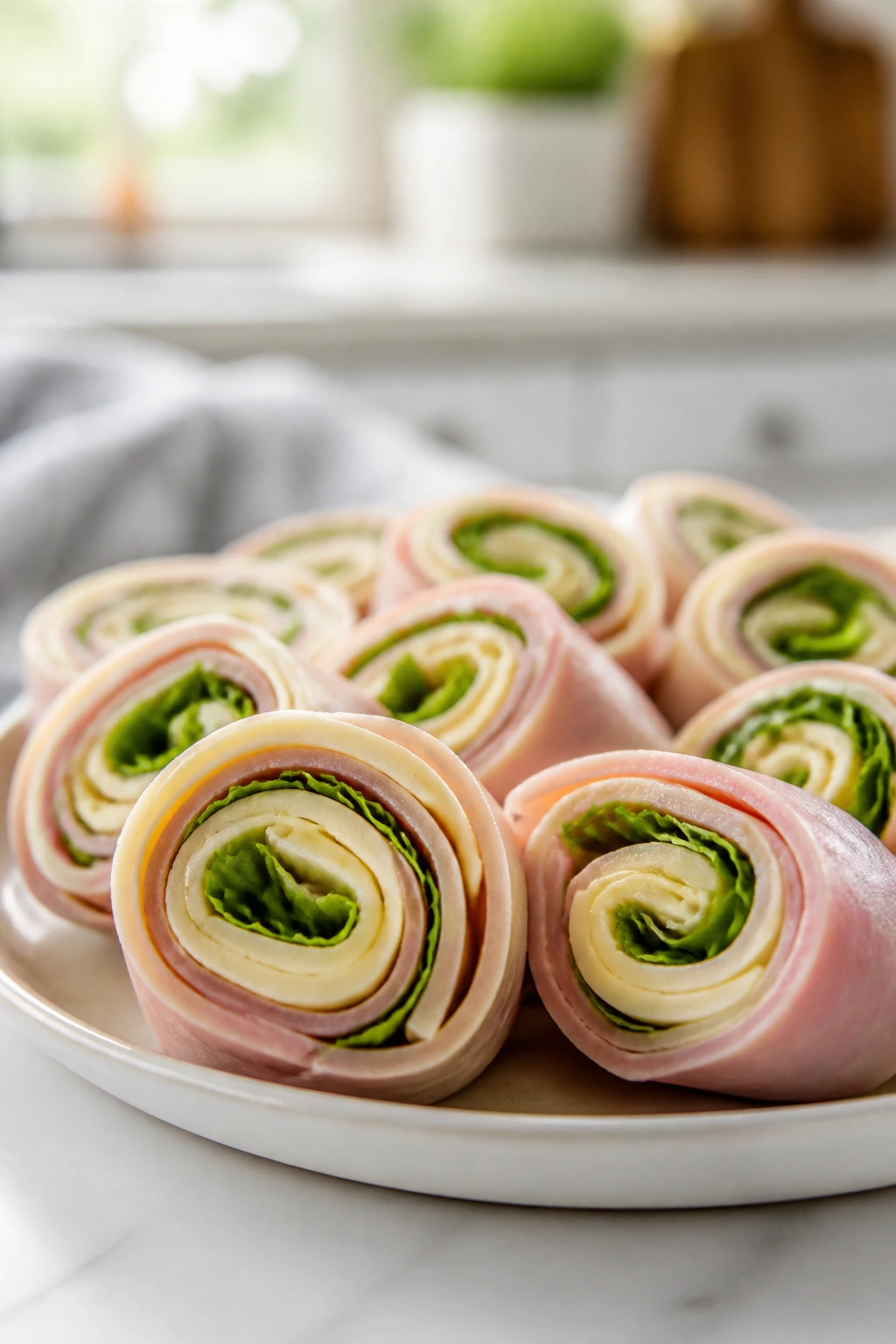 Rolled ham and cheese slices with lettuce, sliced into bite-sized rounds