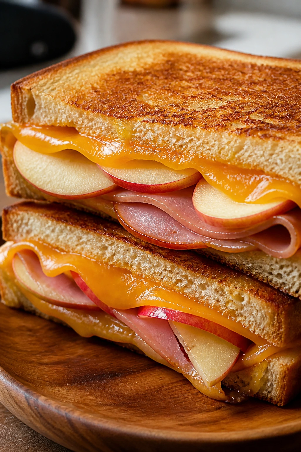 Hot ham and cheddar melt sandwich with apple slices on a wooden plate