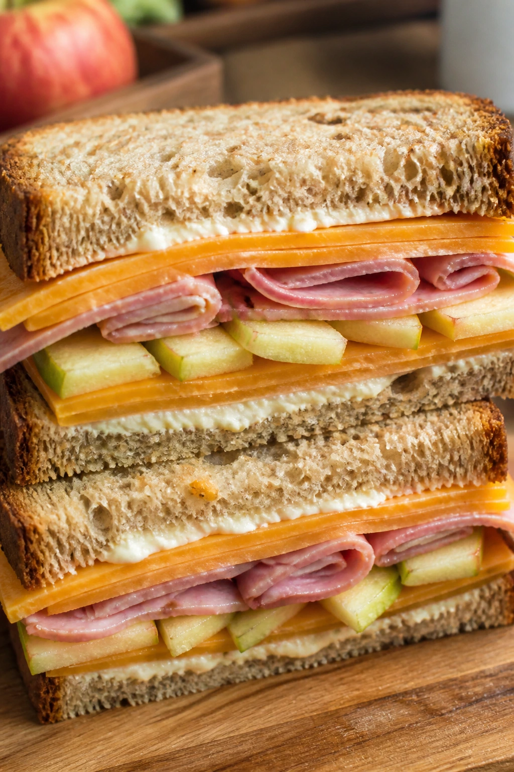 Close-up of ham and apple sandwich showing ham, cheddar, and apple slices.