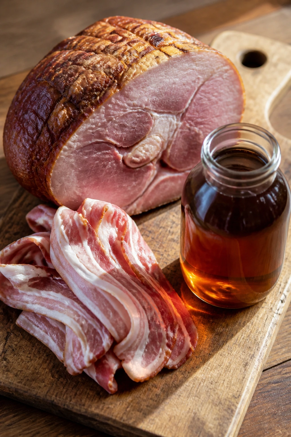 Top-down view of ham, bacon, and maple syrup arranged on a wooden board