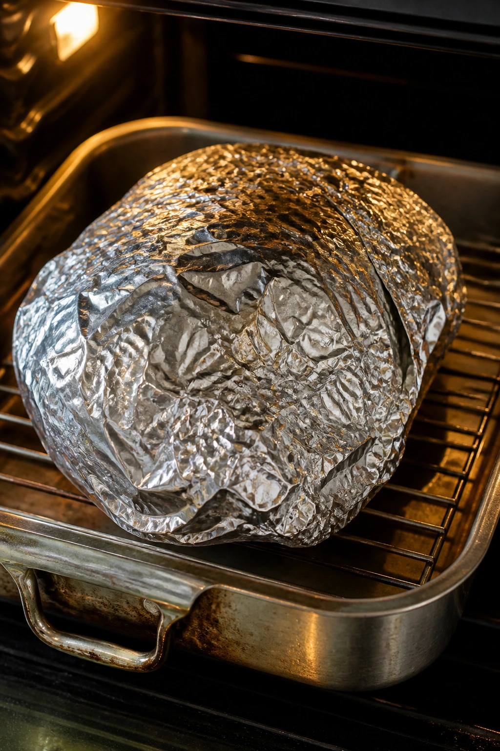 Foil-covered ham in a roasting pan with oven glow.