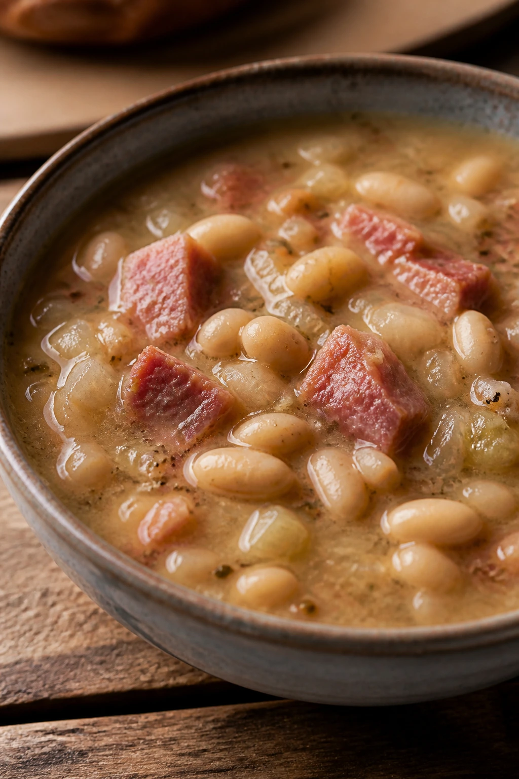 Close-up of ham and bean soup with white beans and diced ham