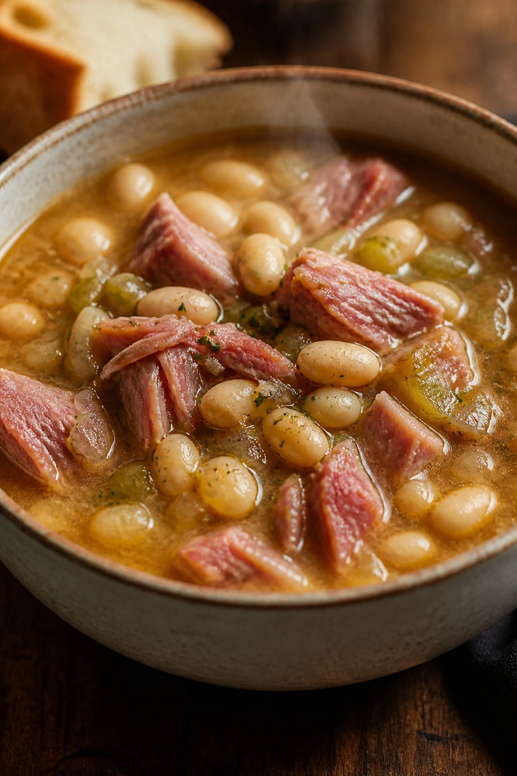 Close-up of ham and bean soup with navy beans and ham in a rustic bowl