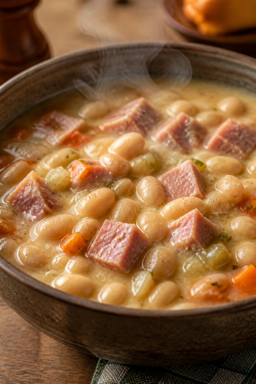 Hearty ham and bean soup with ham and beans in a rustic bowl