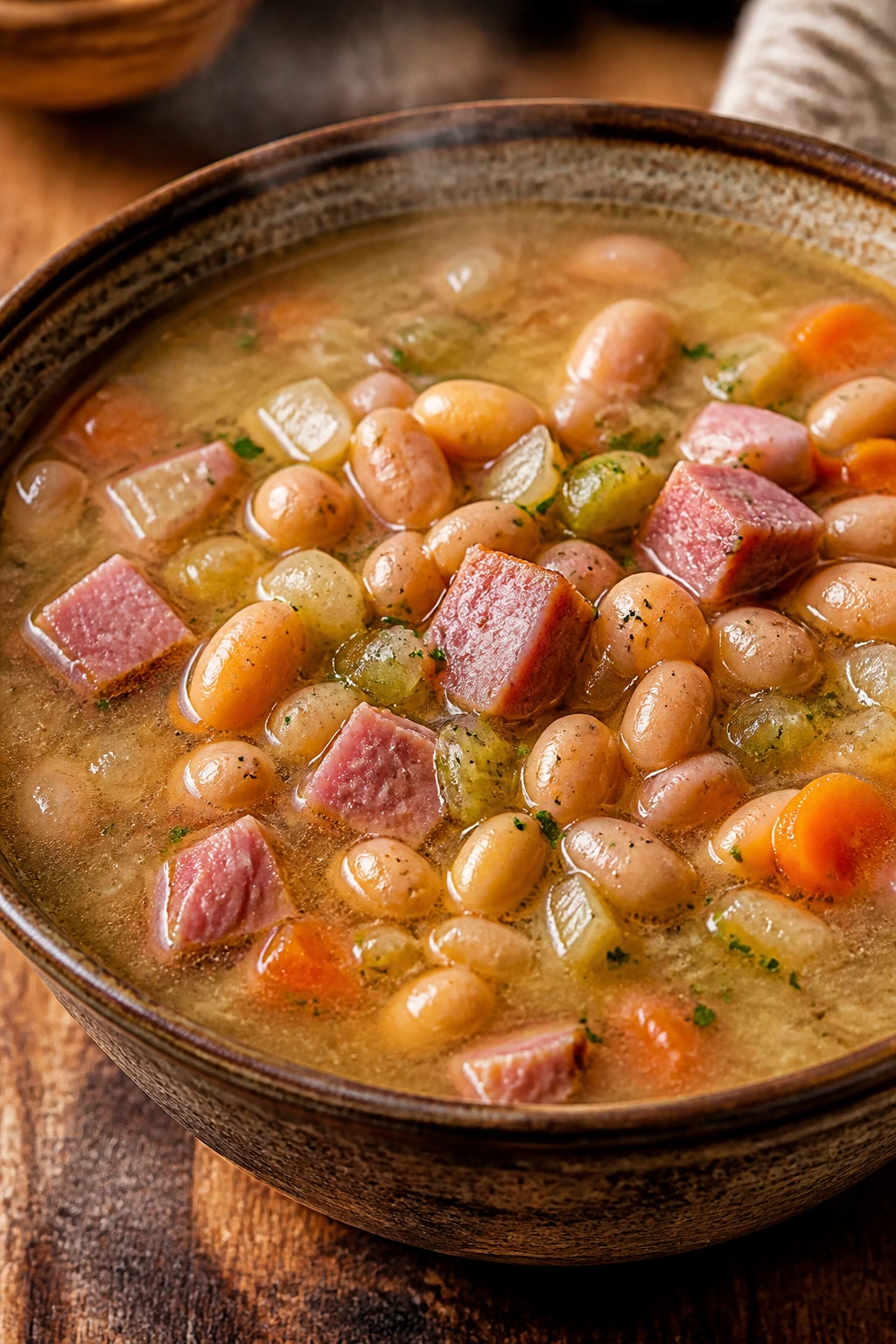 Close-up ham and cannellini bean soup in a bowl