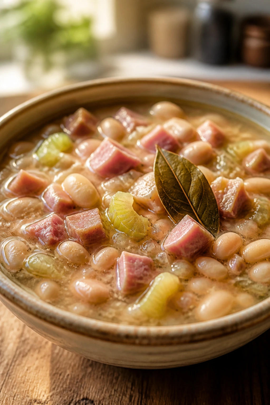 Close-up of Ham and Bean Soup with Celery and Bay Leaf in a bowl with beans, ham, and celery