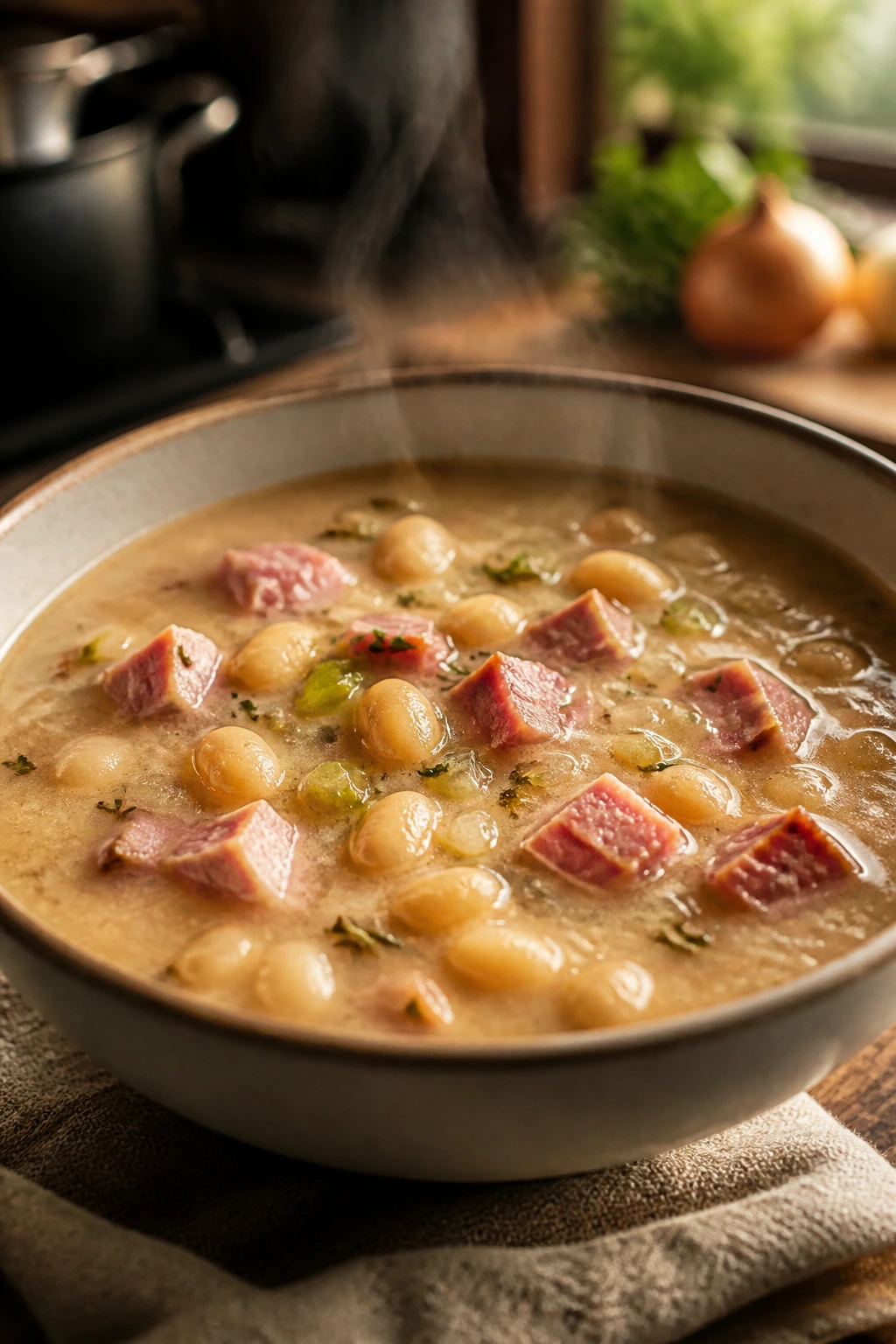 Close-up of creamy ham and bean soup surface showing beans and ham