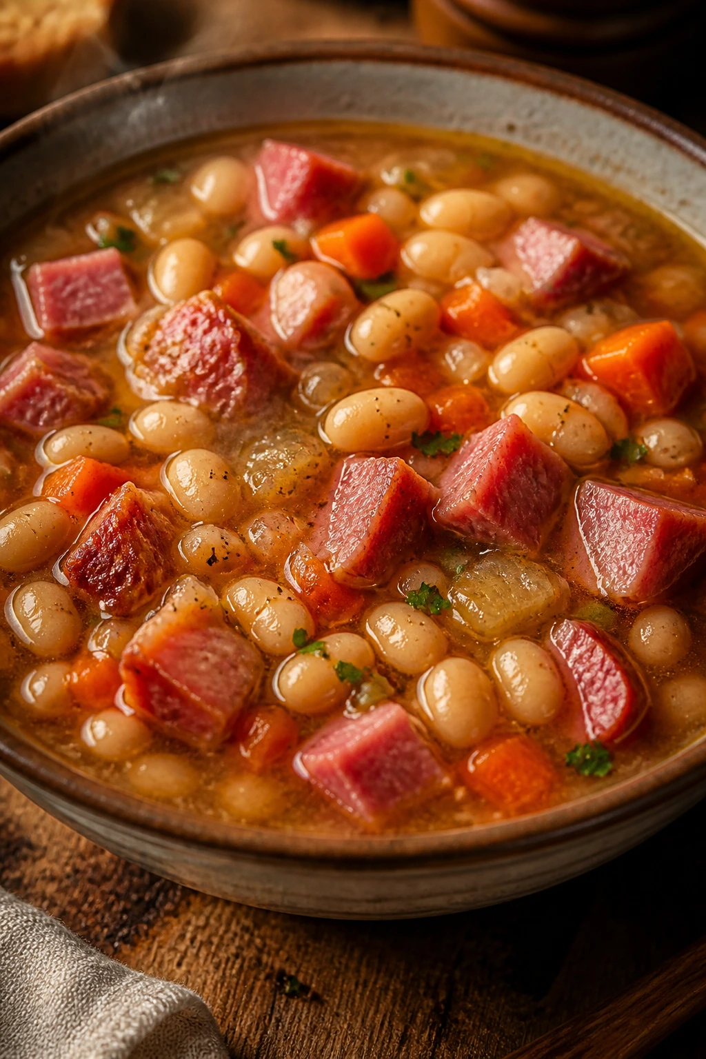 Ham and bean soup with beans and ham in broth.