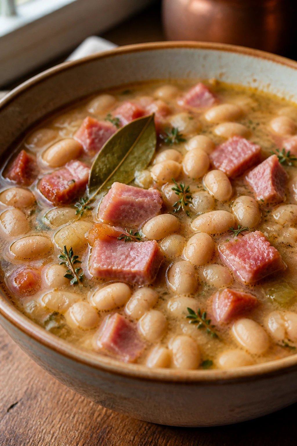 Close-up of ham and navy bean soup in a rustic bowl with steam