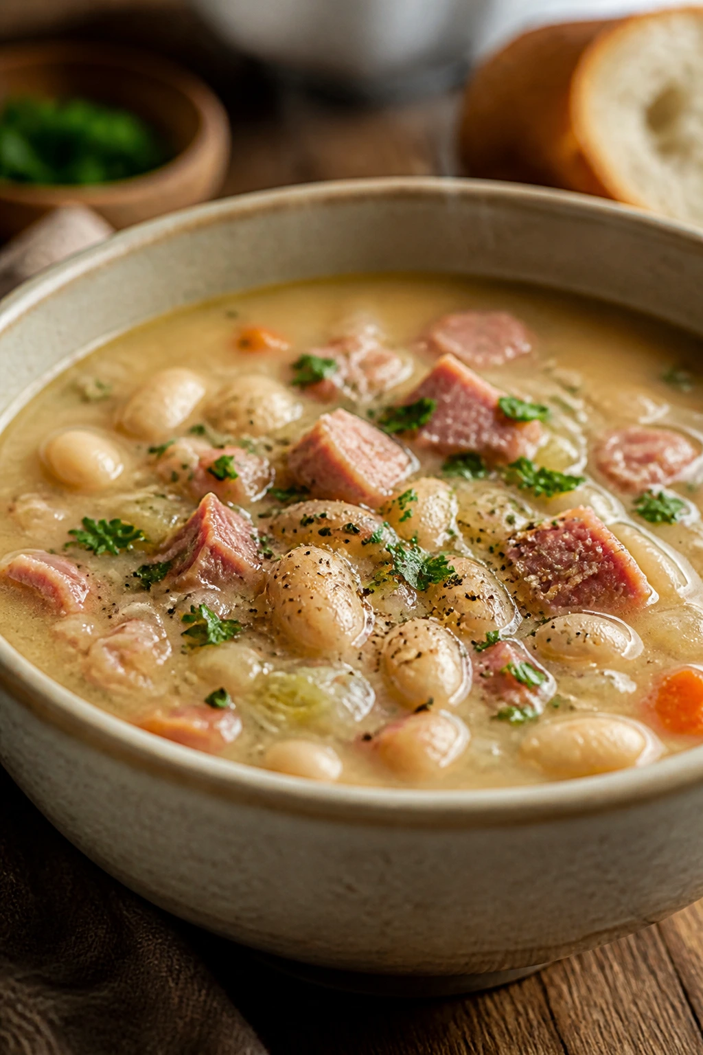 Close-up of steaming ham and bean soup in a warm bowl with parsley garnish