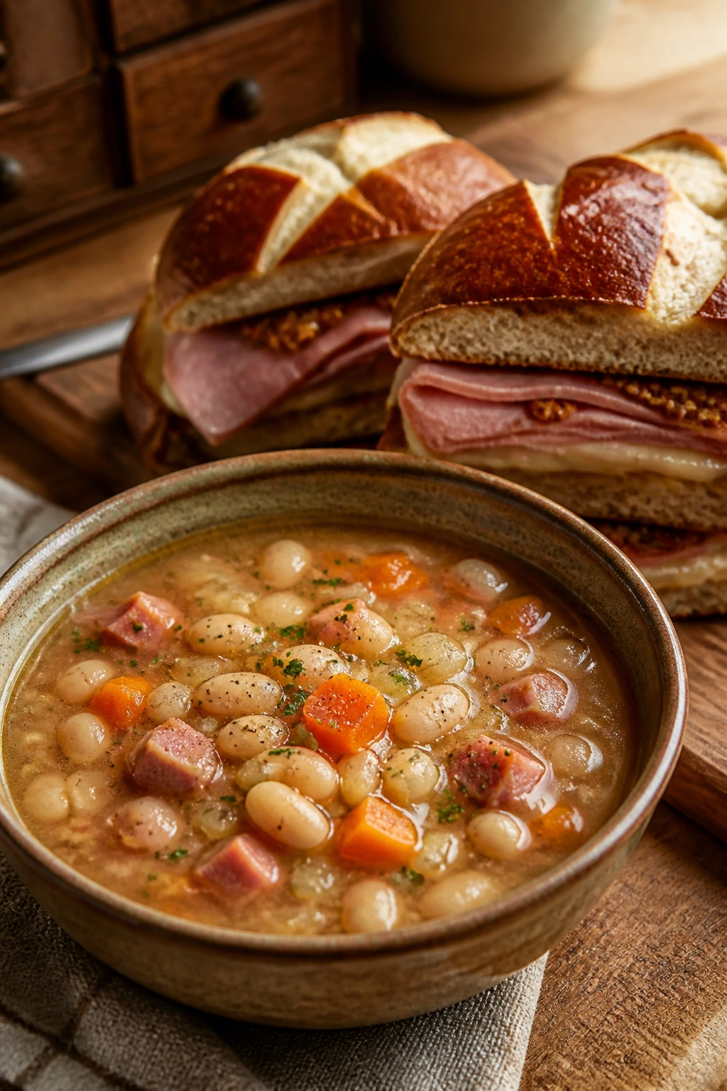 Close-up of ham and bean soup with pretzel ham sandwiches on a wooden board