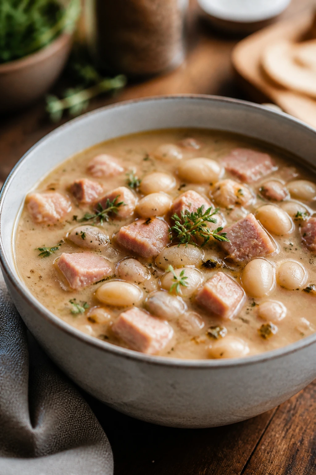 White bean soup with ham and thyme in a bowl.
