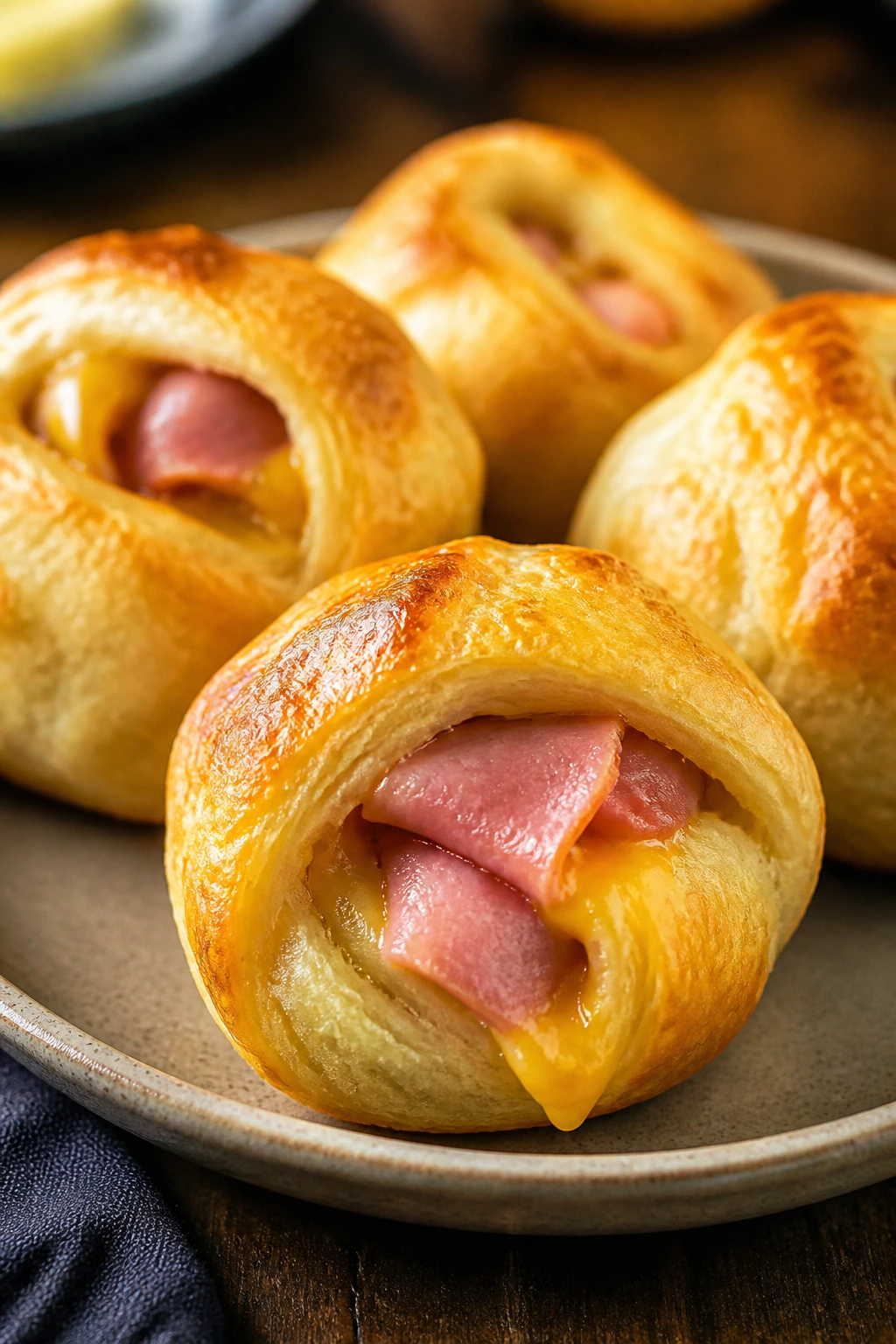Golden ham biscuit bombs on a plate