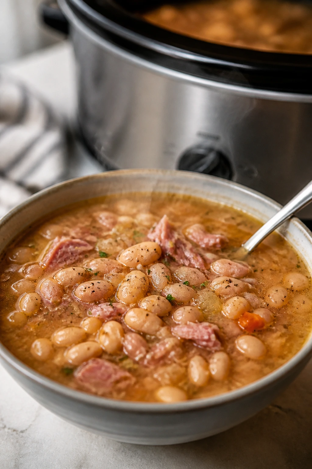 Hearty ham bone and bean soup in a bowl