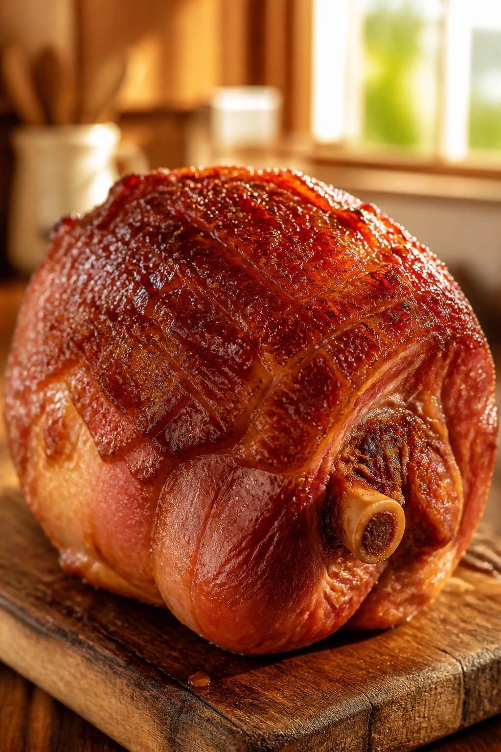 Close-up of bone-in ham with glossy glaze on a rustic wooden board