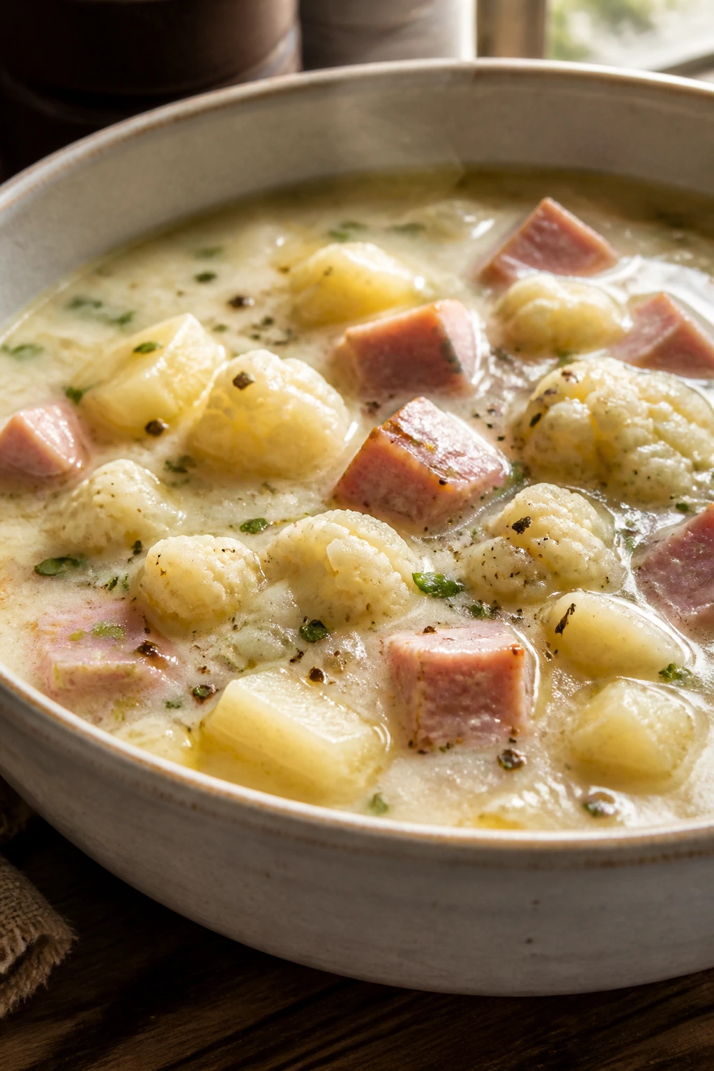 Close-up of creamy ham and cauliflower soup in a bowl on a rustic table