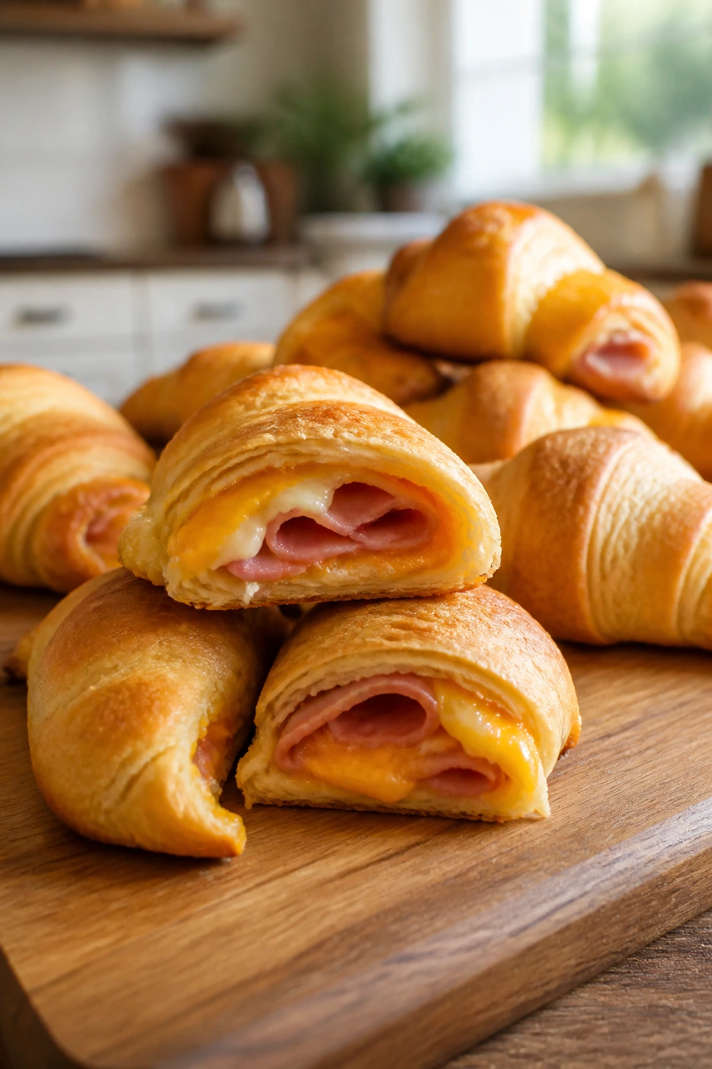 Close-up of golden ham and cheddar crescent roll-ups on a wooden board in a warm kitchen
