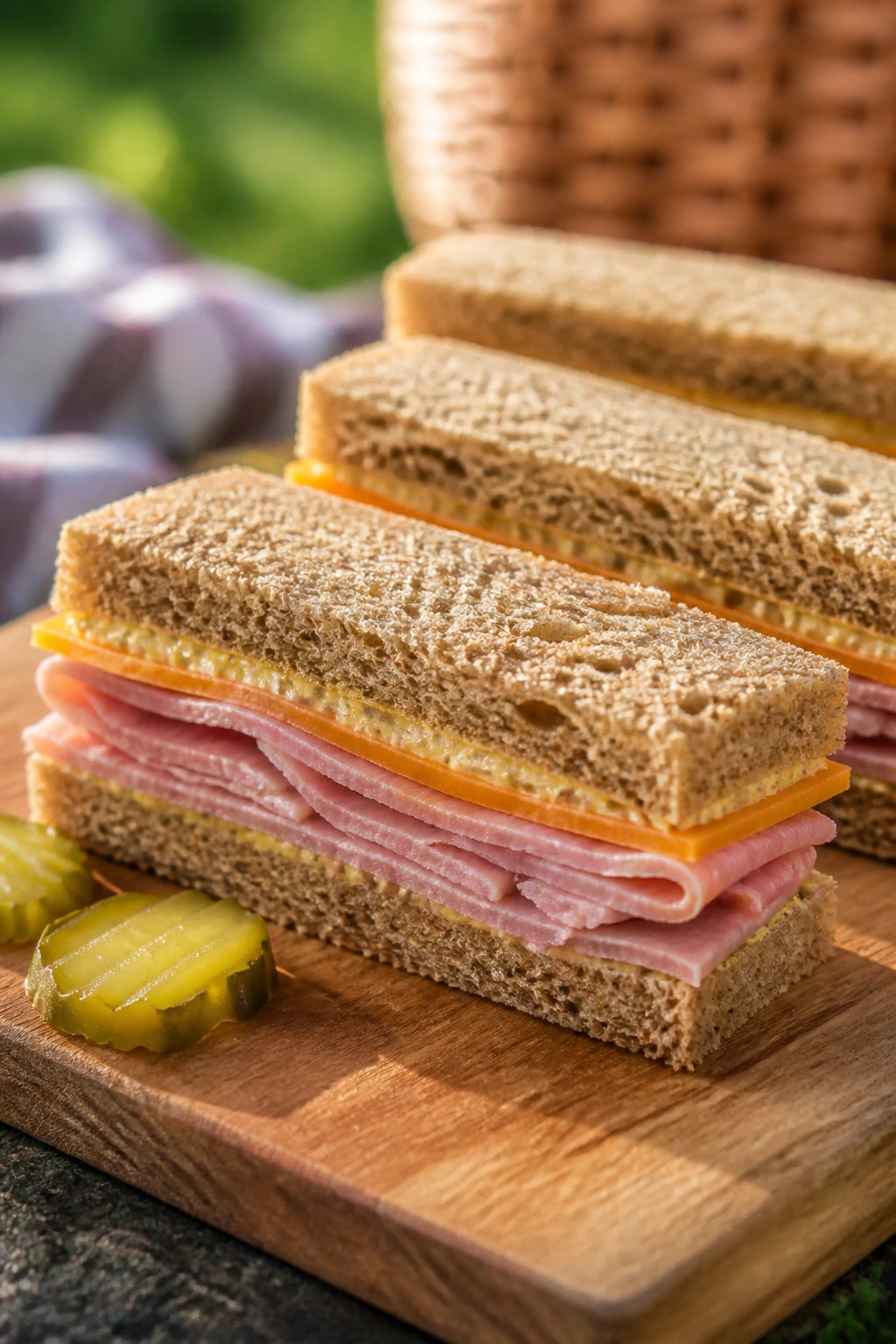 Rye bread ham and cheddar finger sandwich with Dijon butter outdoors
