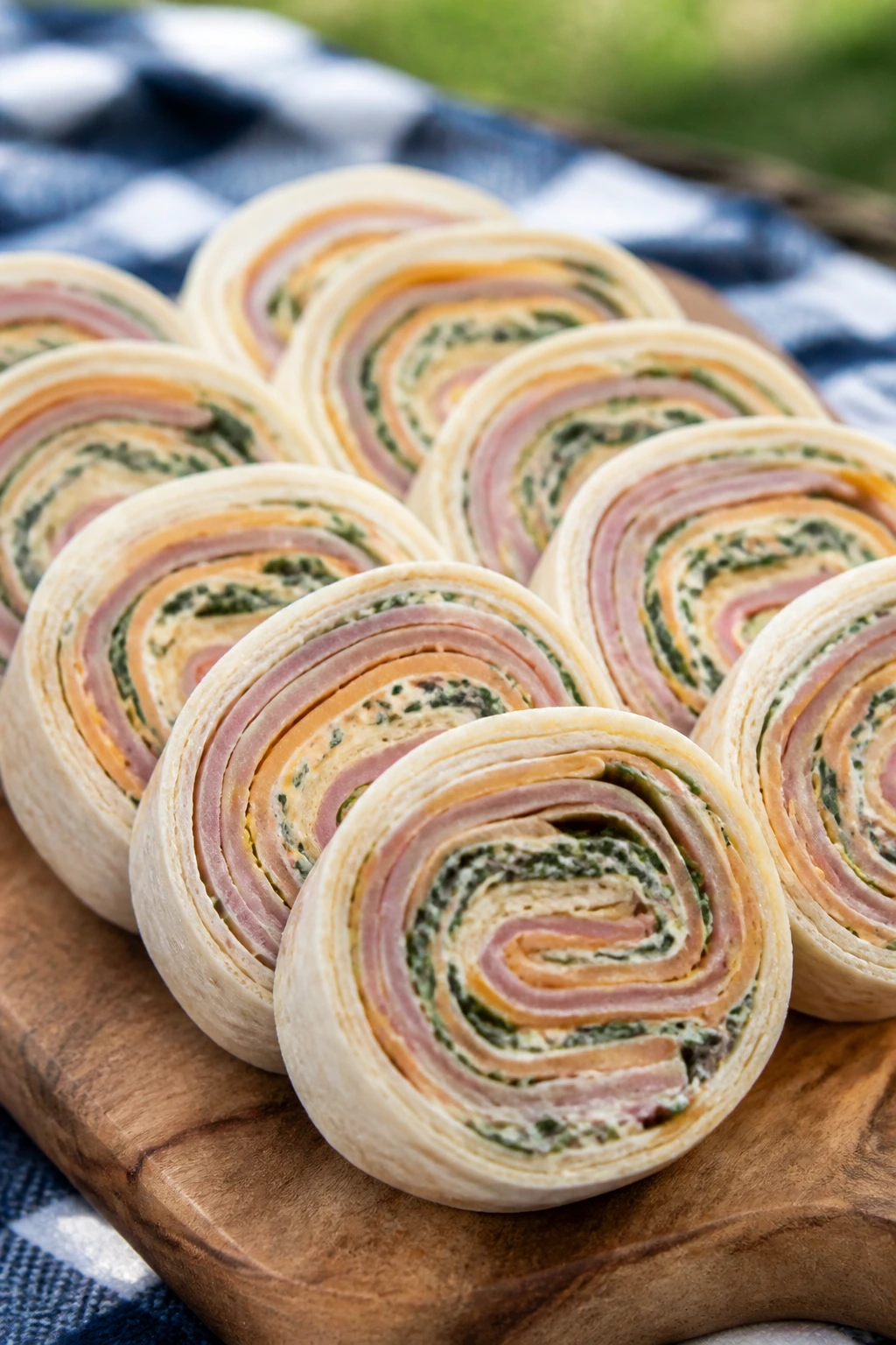 Pinwheels with ham cheddar and Dijon on a wooden board outdoors