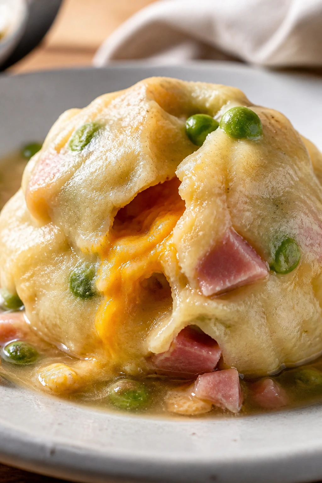 Close-up of a ham, pea, and cheddar dumpling with cheddar inside.