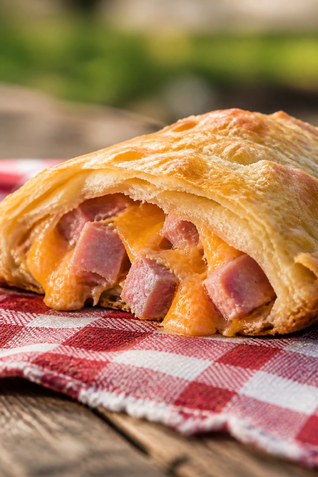 Close-up of a ham and cheddar hand pie with flaky crust