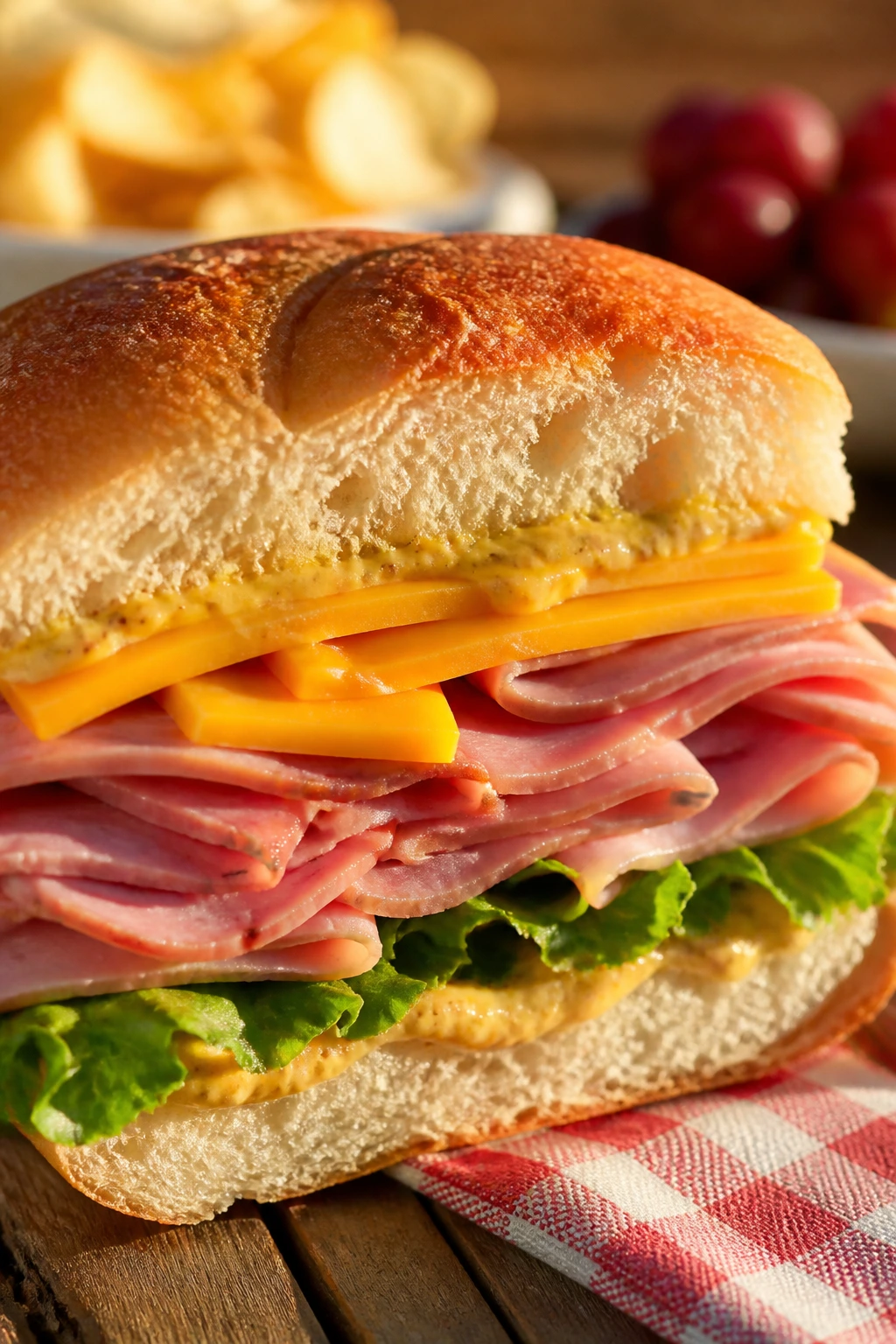 Ham and cheddar sandwich with honey mustard on soft rolls.