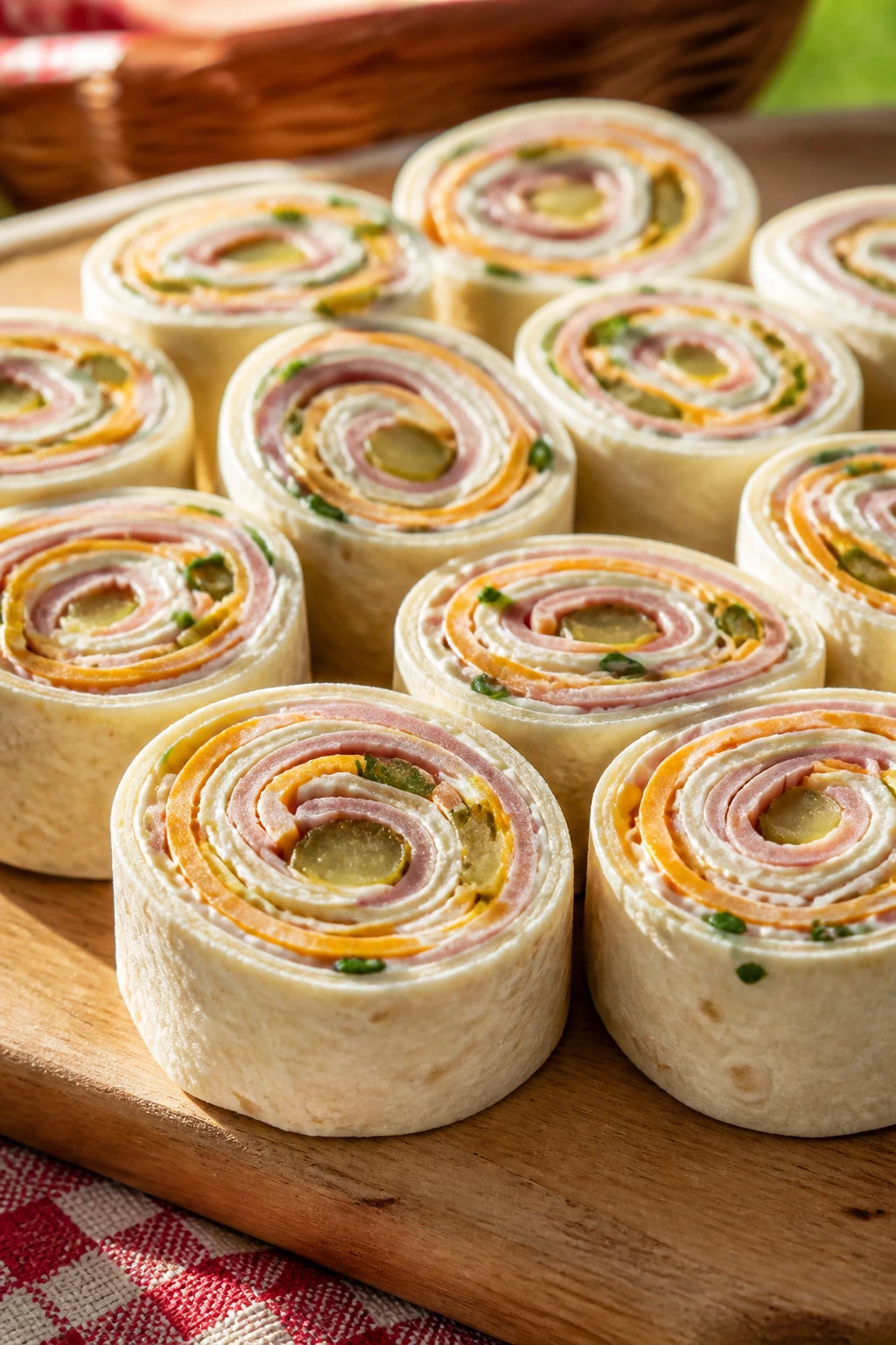 Ham cheddar pickle pinwheels sliced on a wooden board