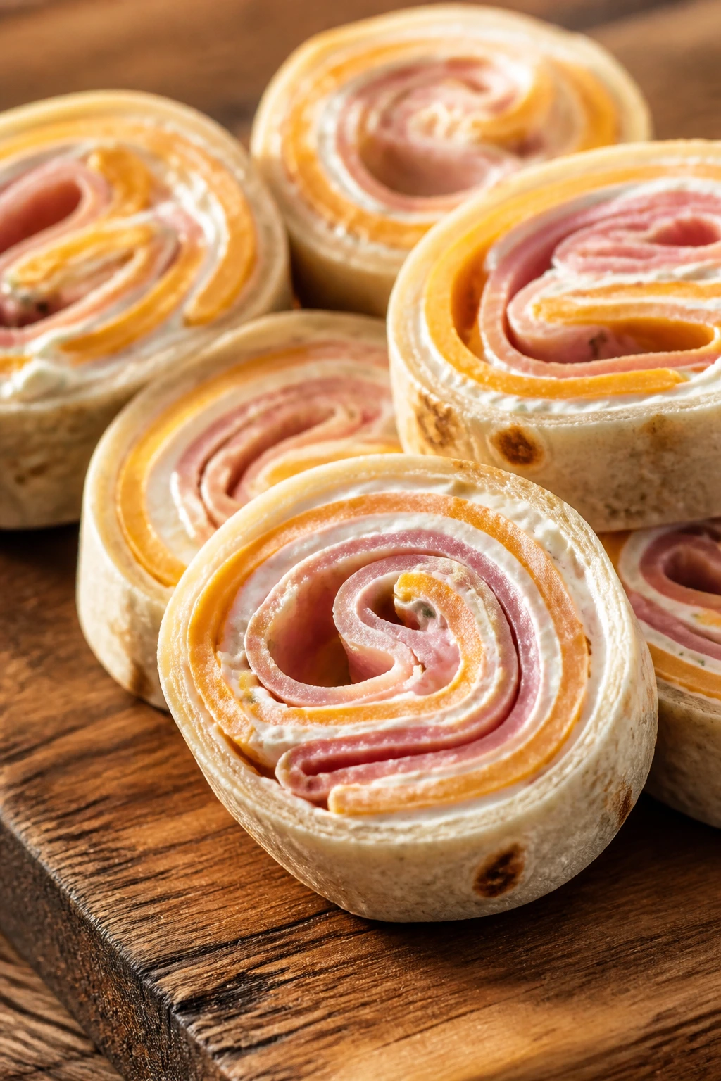Close-up of ham and cheddar pinwheels on a wooden board