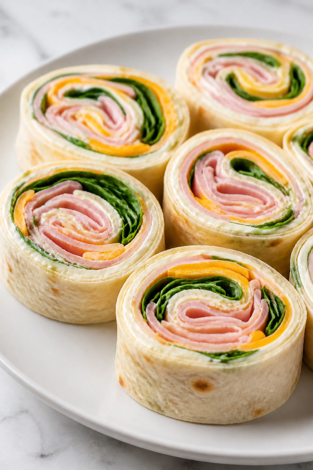 Sliced ham and cheddar pinwheels on plate
