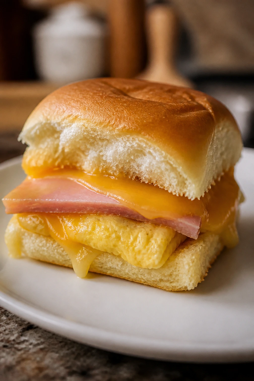 Close-up of a ham and cheddar breakfast slider cross-section with egg filling
