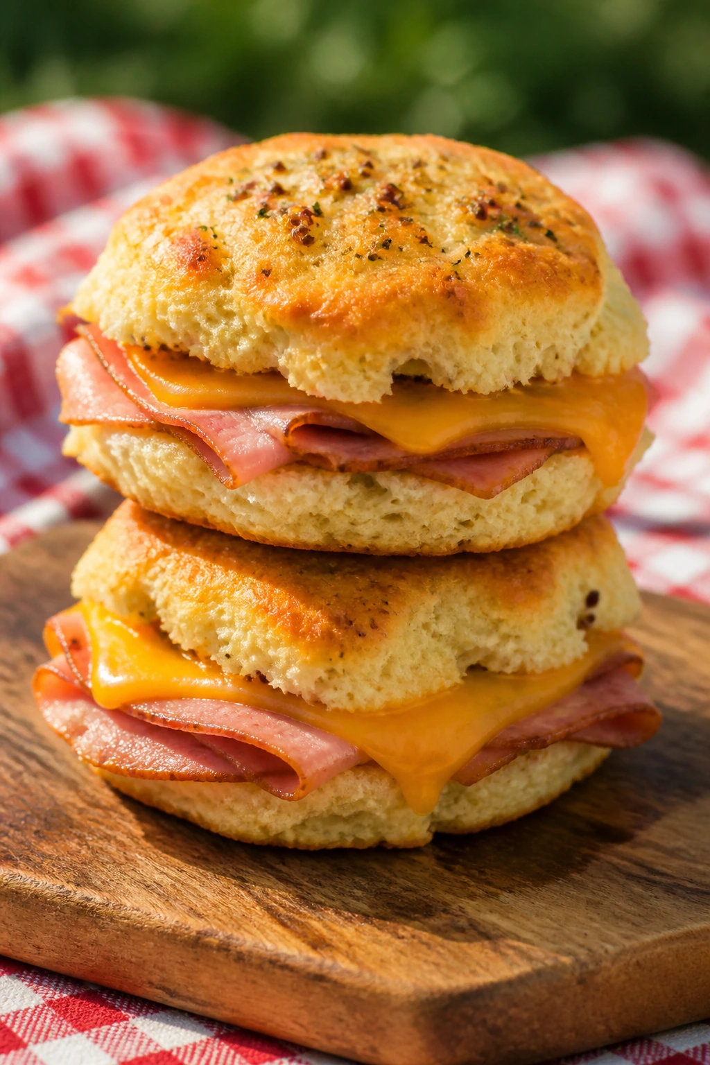 Close-up of ham and cheddar biscuit sliders on a wooden board for a picnic.