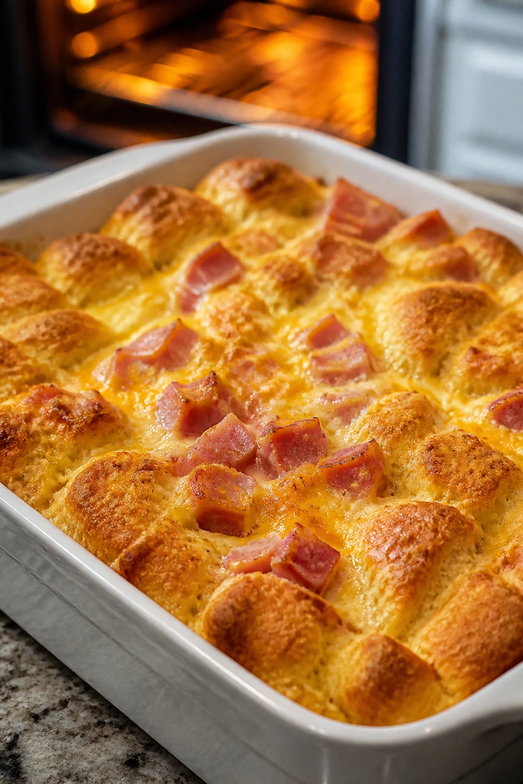Golden ham and cheese biscuit bake in a square pan