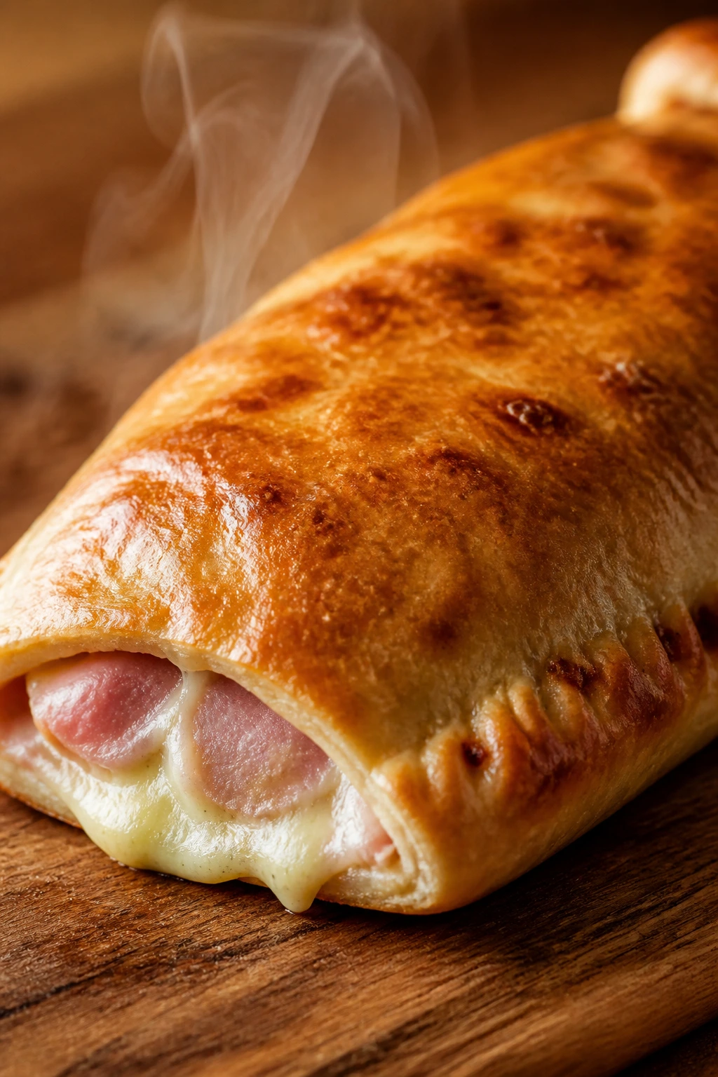 Golden ham and cheese calzone on wooden surface.