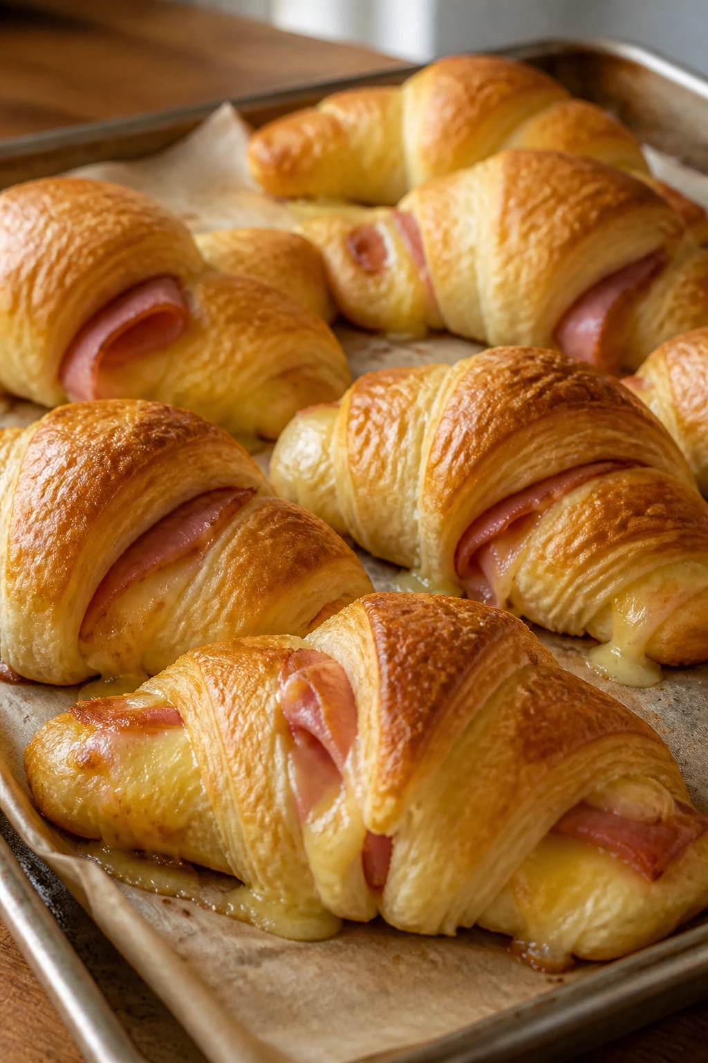 Close-up of golden ham-and-cheese crescent rolls on parchment-lined sheet pan.