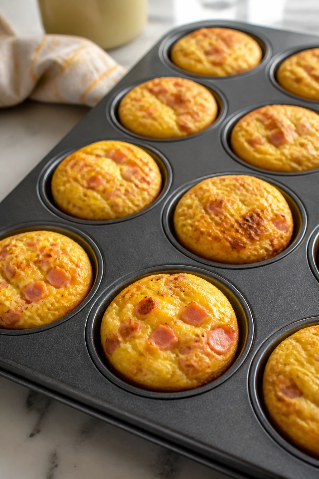 Egg muffins with ham and cheddar in a tin on a bright kitchen counter