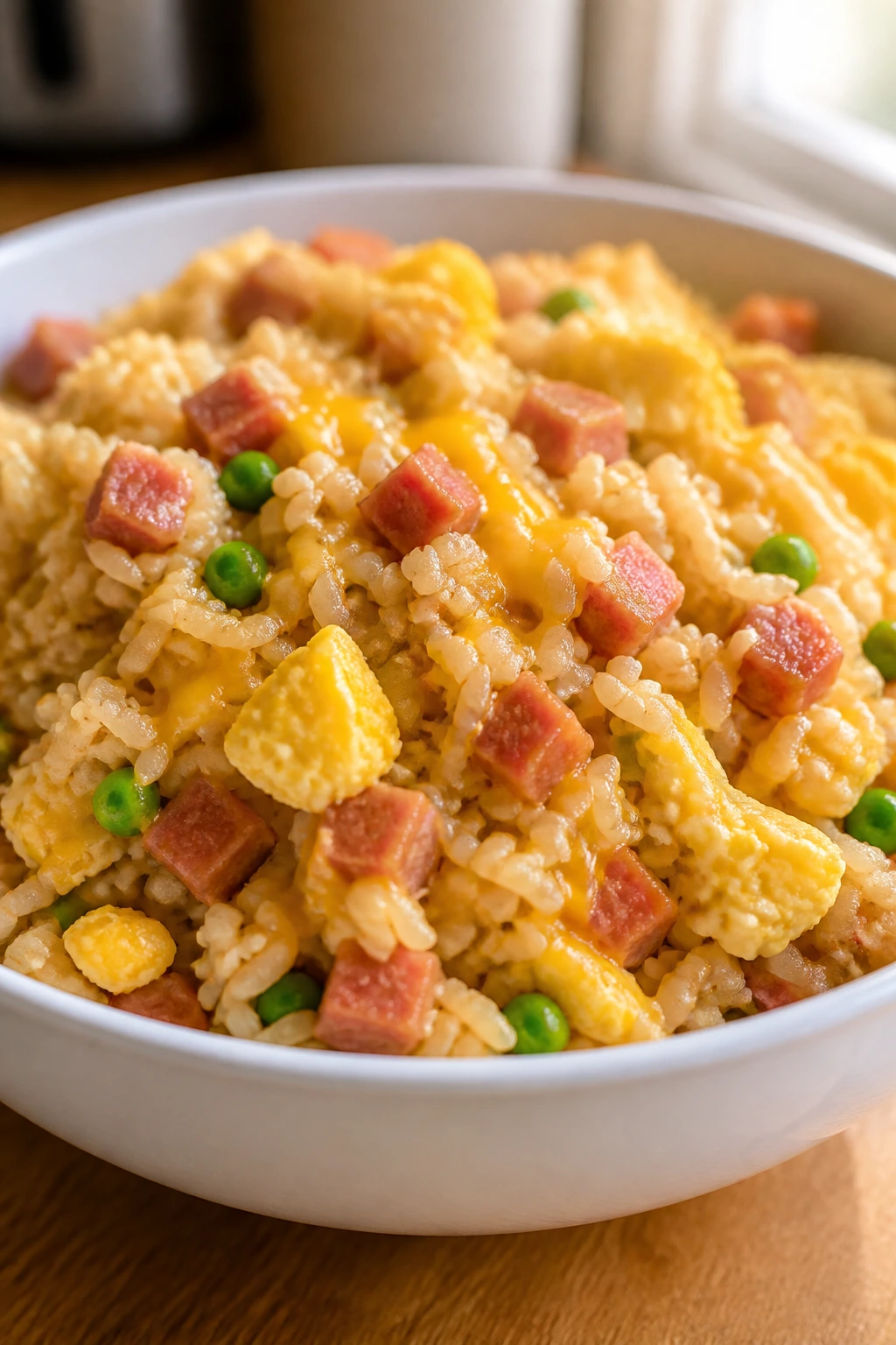 Close-up of ham and cheese fried rice in a bowl.