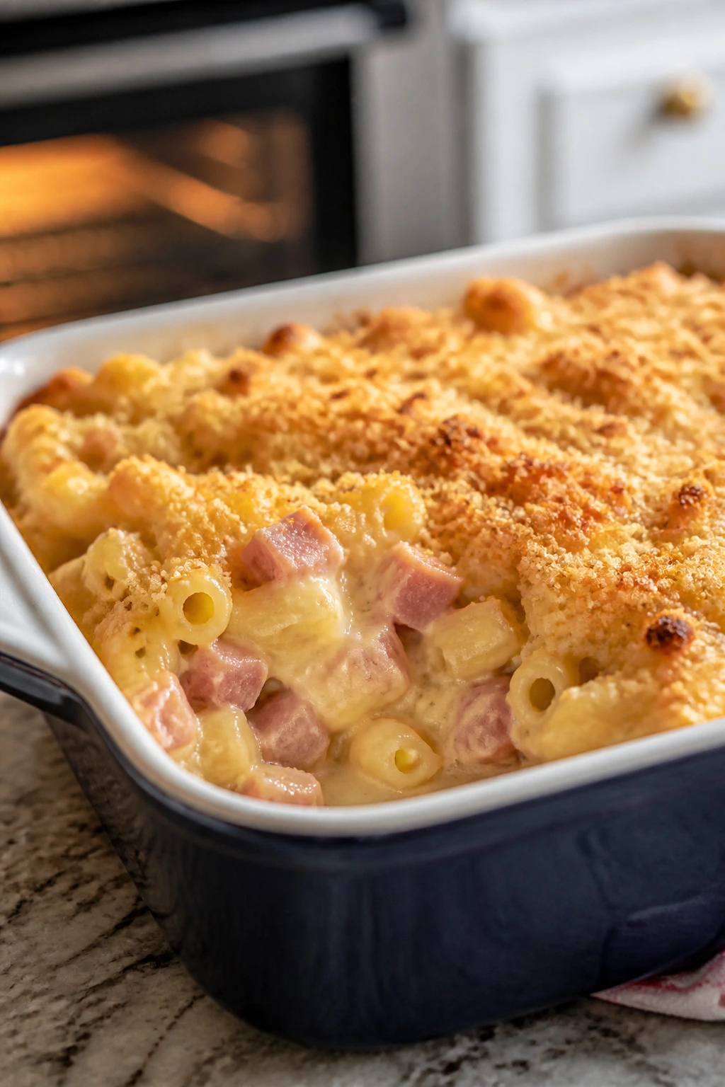 Close-up of ham and cheese pasta bake with golden crust