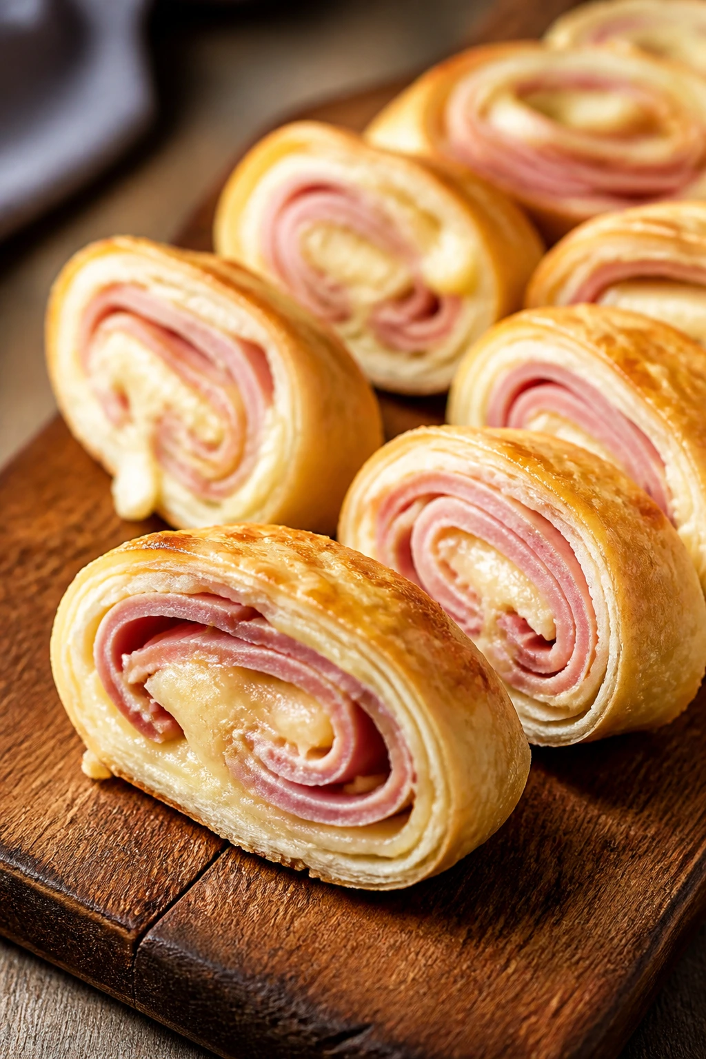 Pinwheels sliced to show ham and cheese filling on a wooden board