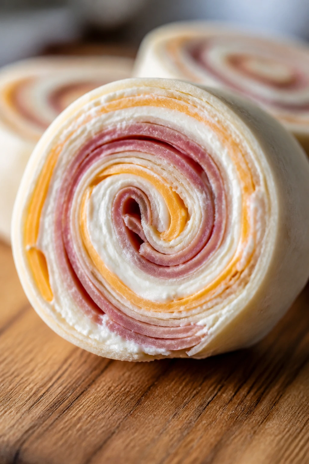 Close-up of a ham and cheese pinwheel sliced to show spirals.