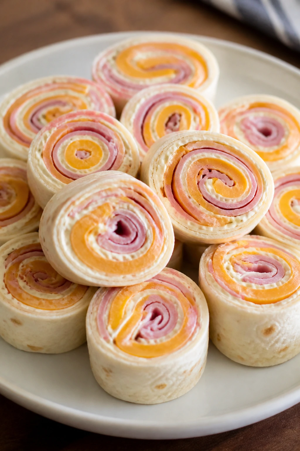 Close-up of ham and cheese pinwheels sliced on a plate