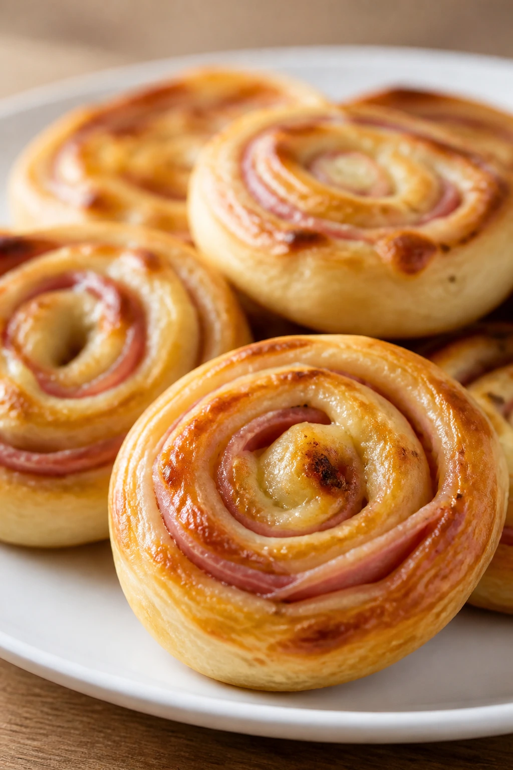 Ham and cheese pinwheels on plate showing spirals