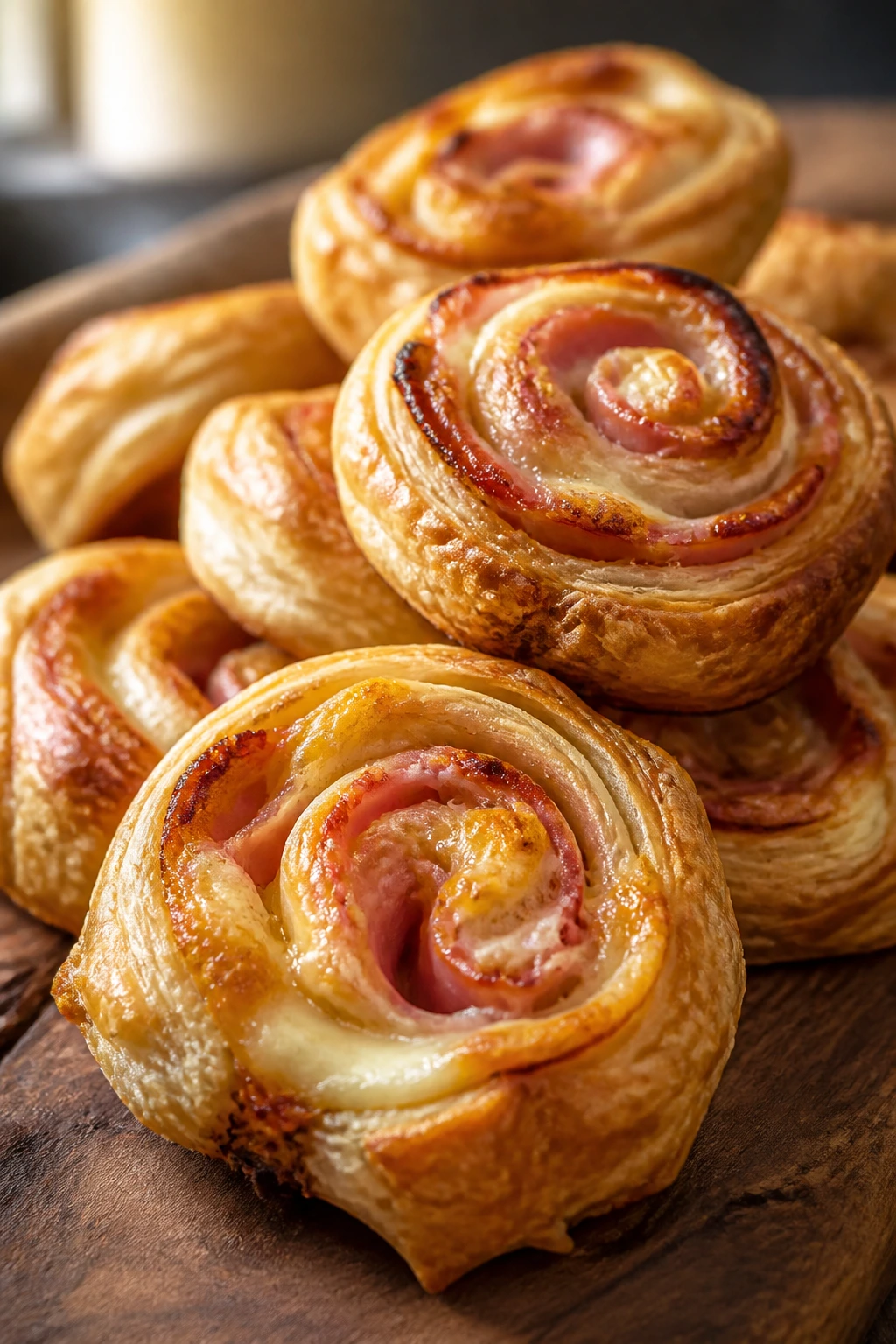 Close-up of ham and cheese puff pastry pinwheels on a wooden board
