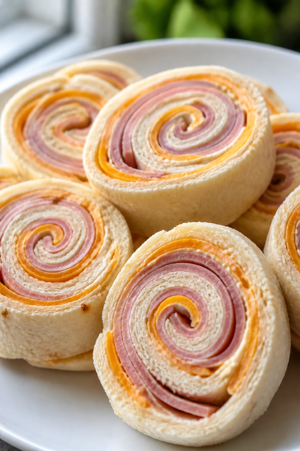 Ham and cheese pinwheels arranged on plate