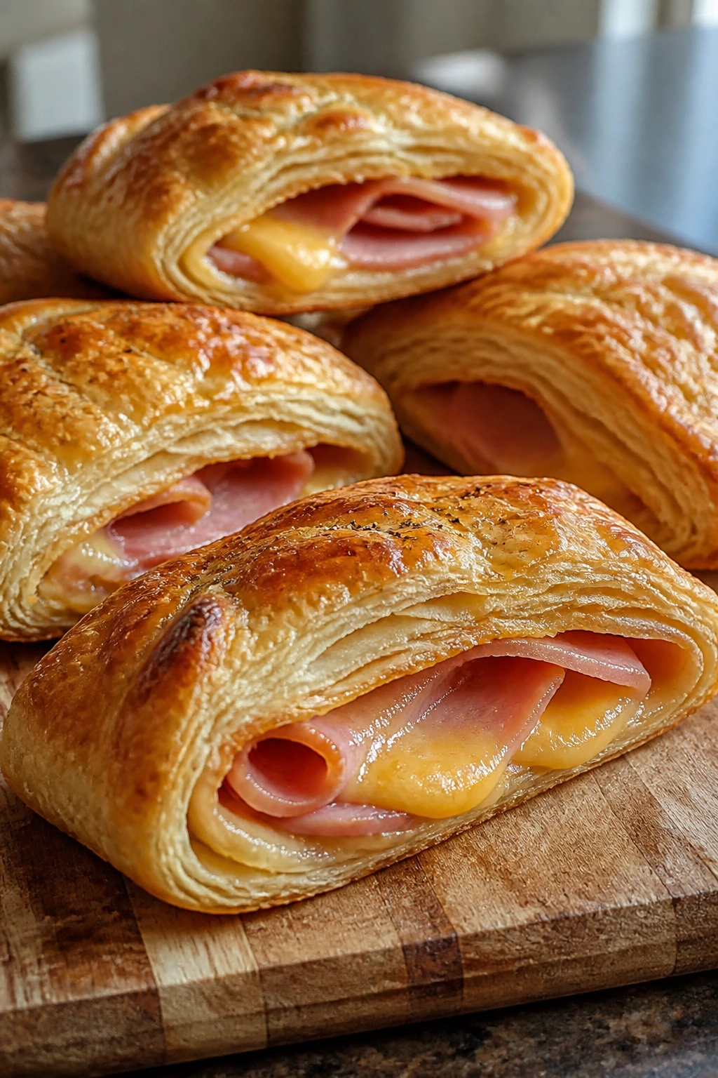 Golden puff pastry pockets filled with ham and cheese