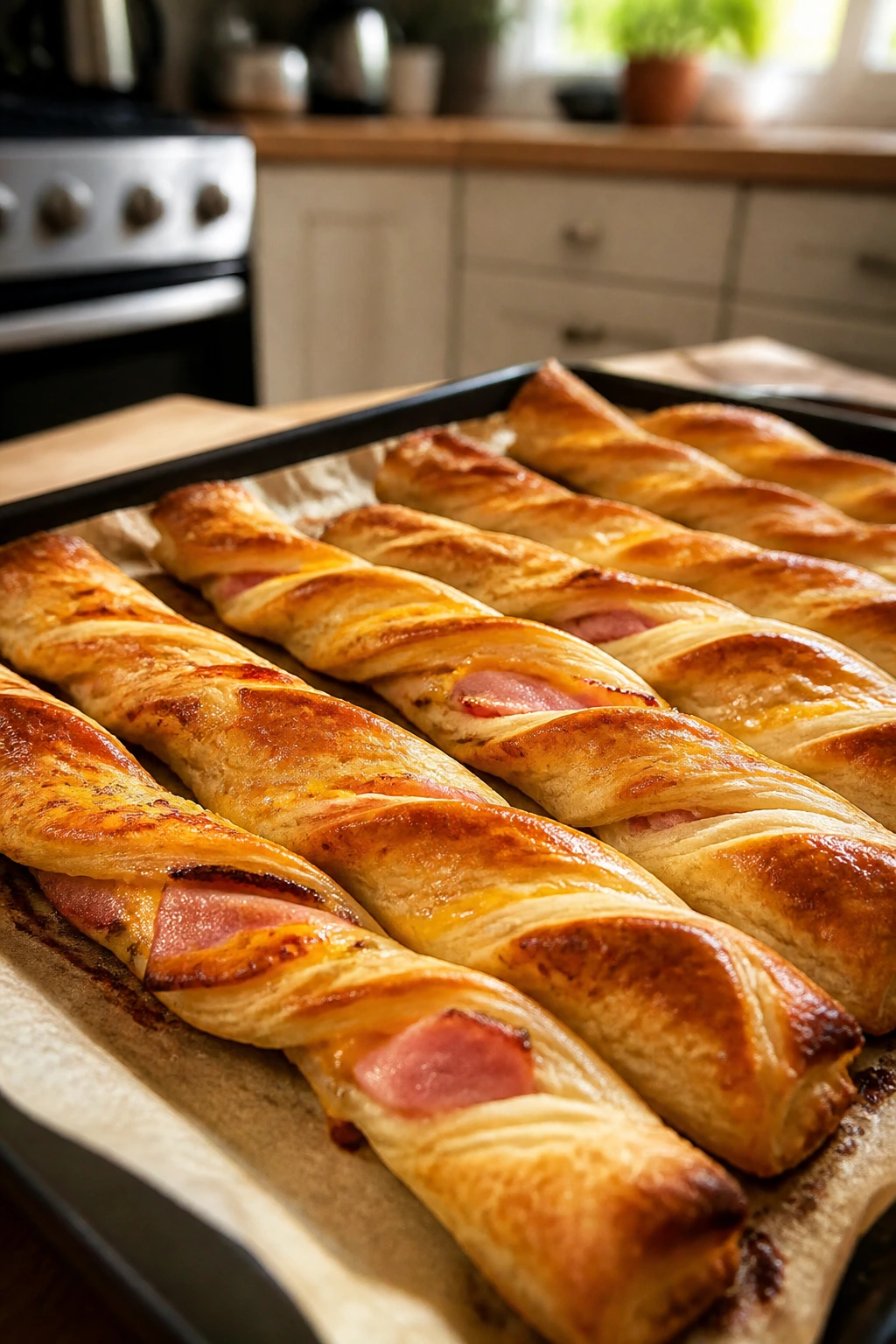 Close-up of ham and cheese puff pastry twists on parchment