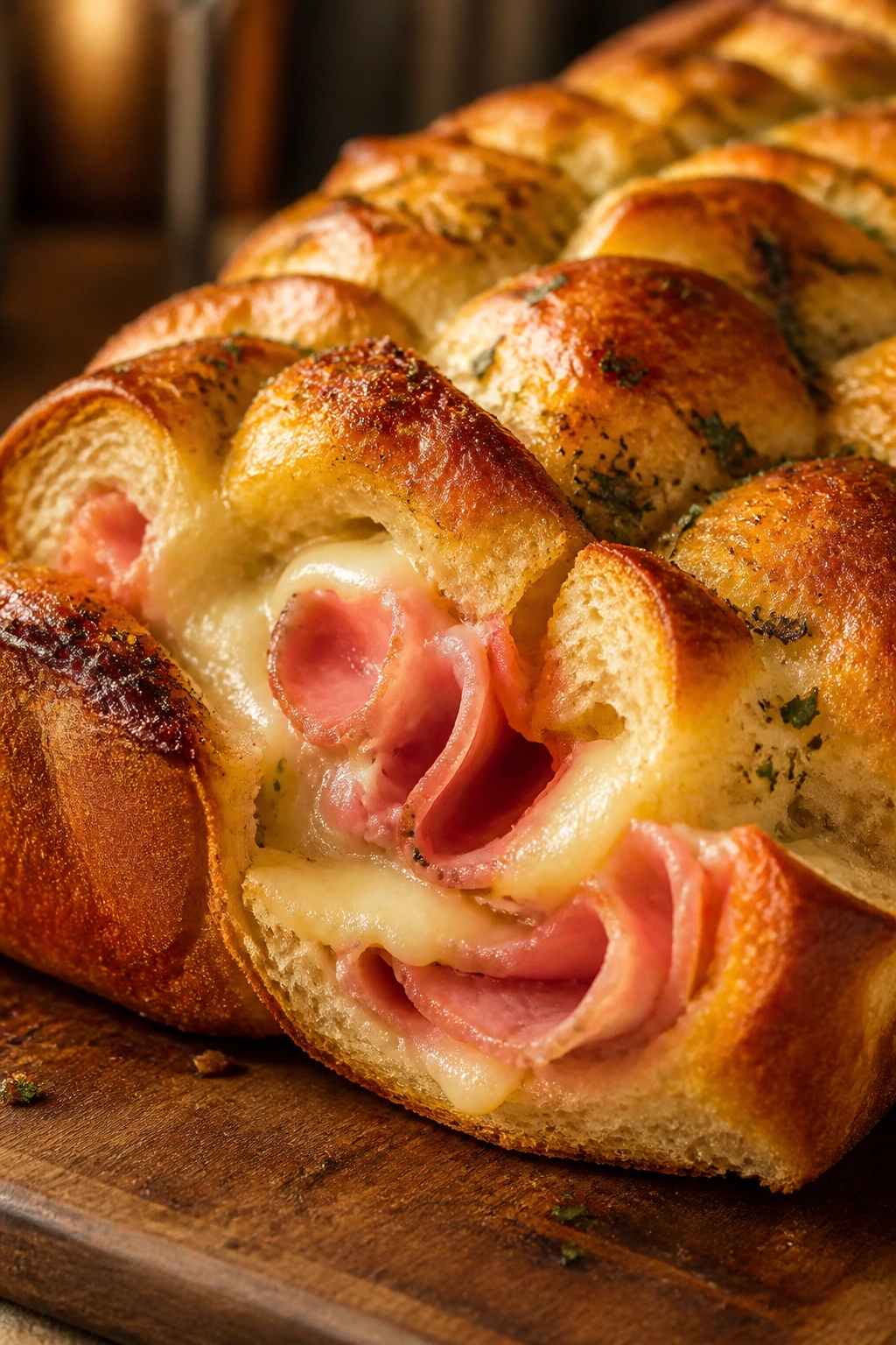 Close-up of ham and cheese pull-apart loaf with melted pockets