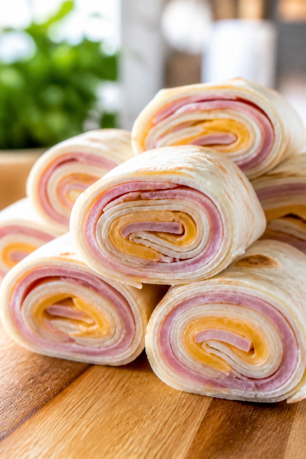 Sliced ham and cheese roll-ups on a serving board